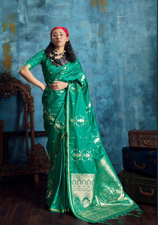Green Satin Silk Ready To Wear/Easy Saree