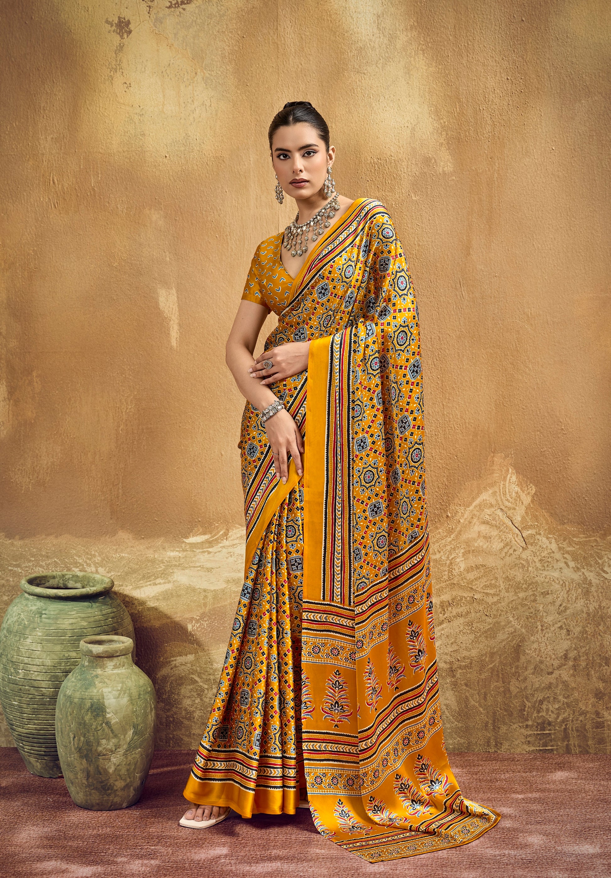 Yellow Modal Satin Ready To Wear/Easy Saree - Panaash Saree