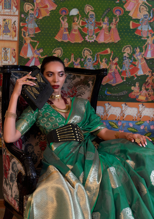Green Organza Saree With Zari Weaving & Fancy Blouse