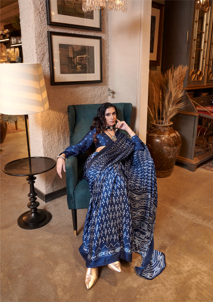 Navy Blue Color Office Wear Patola Crepe Silk Easy/Readymade Saree