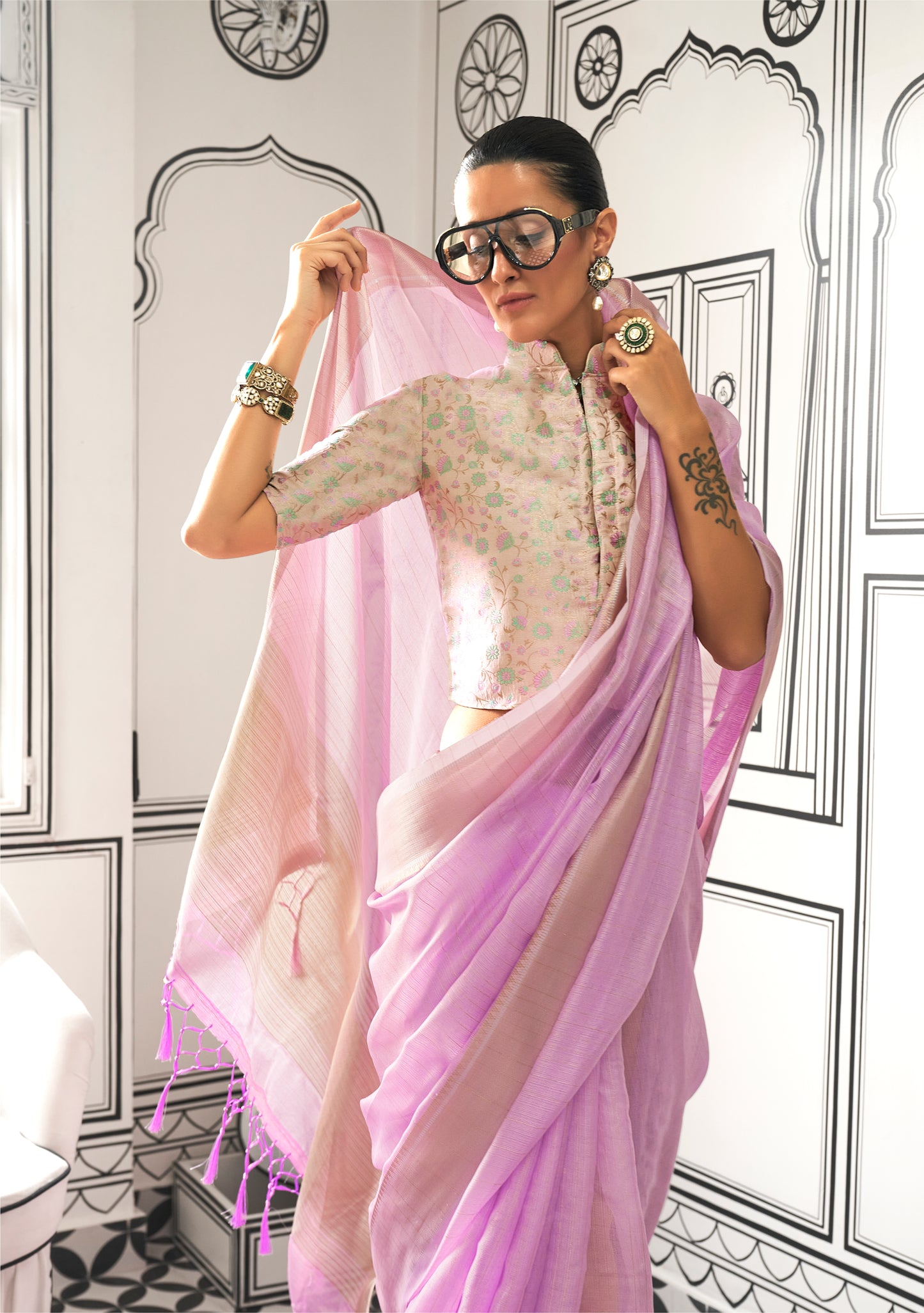 Lavender Color Silk Readymade/Easy Saree With Fancy Unstitched Blouse