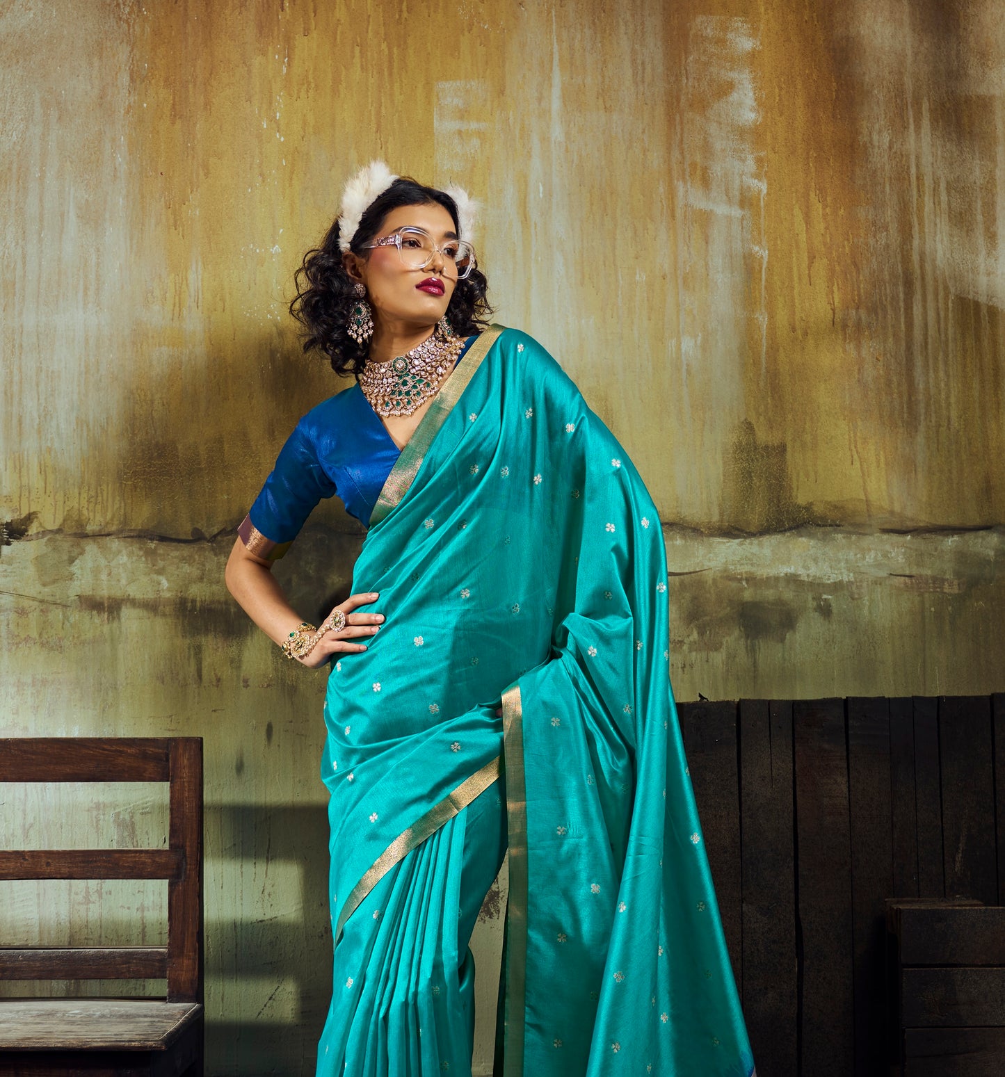 Turquoise Munga Silk Ready To Wear/Easy Saree
