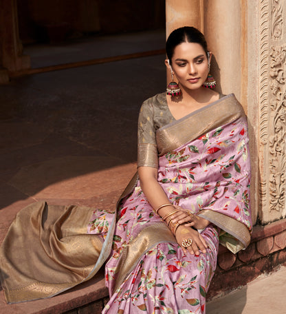 Light Pink Printed Soft Silk Readymade/Easy Saree