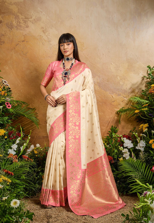 White Kanjivaram Silk Readymade/Easy Saree