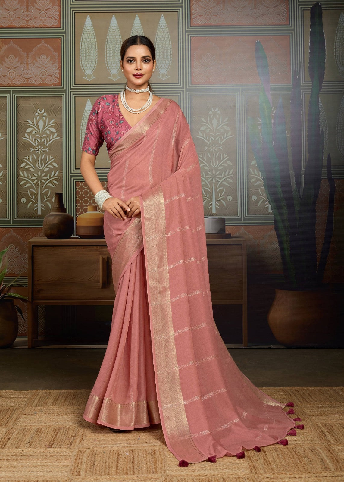 Peach Georgette Readymade/Easy Saree