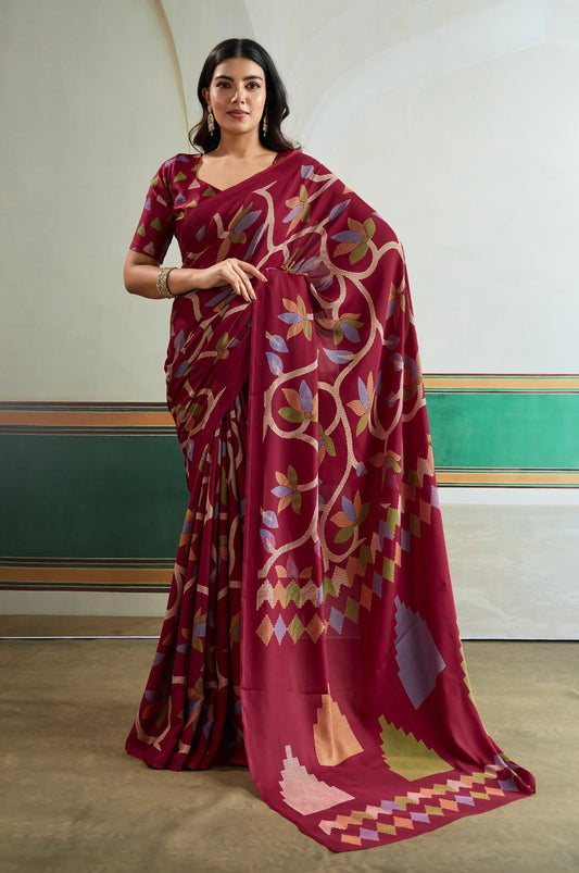 Maroon Crepe Silk Readymade/Easy Saree
