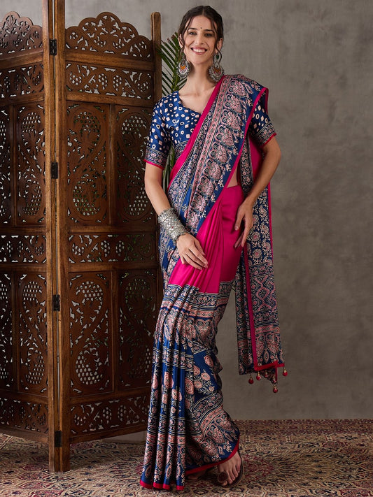 Pink and royal blue Crepe Silk Readymade/Easy Saree