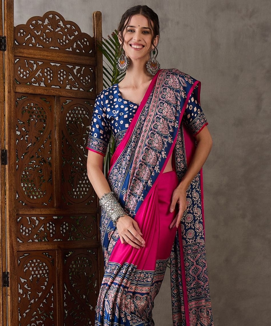 Pink & Royal Blue Crepe Silk Readymade/Easy Saree