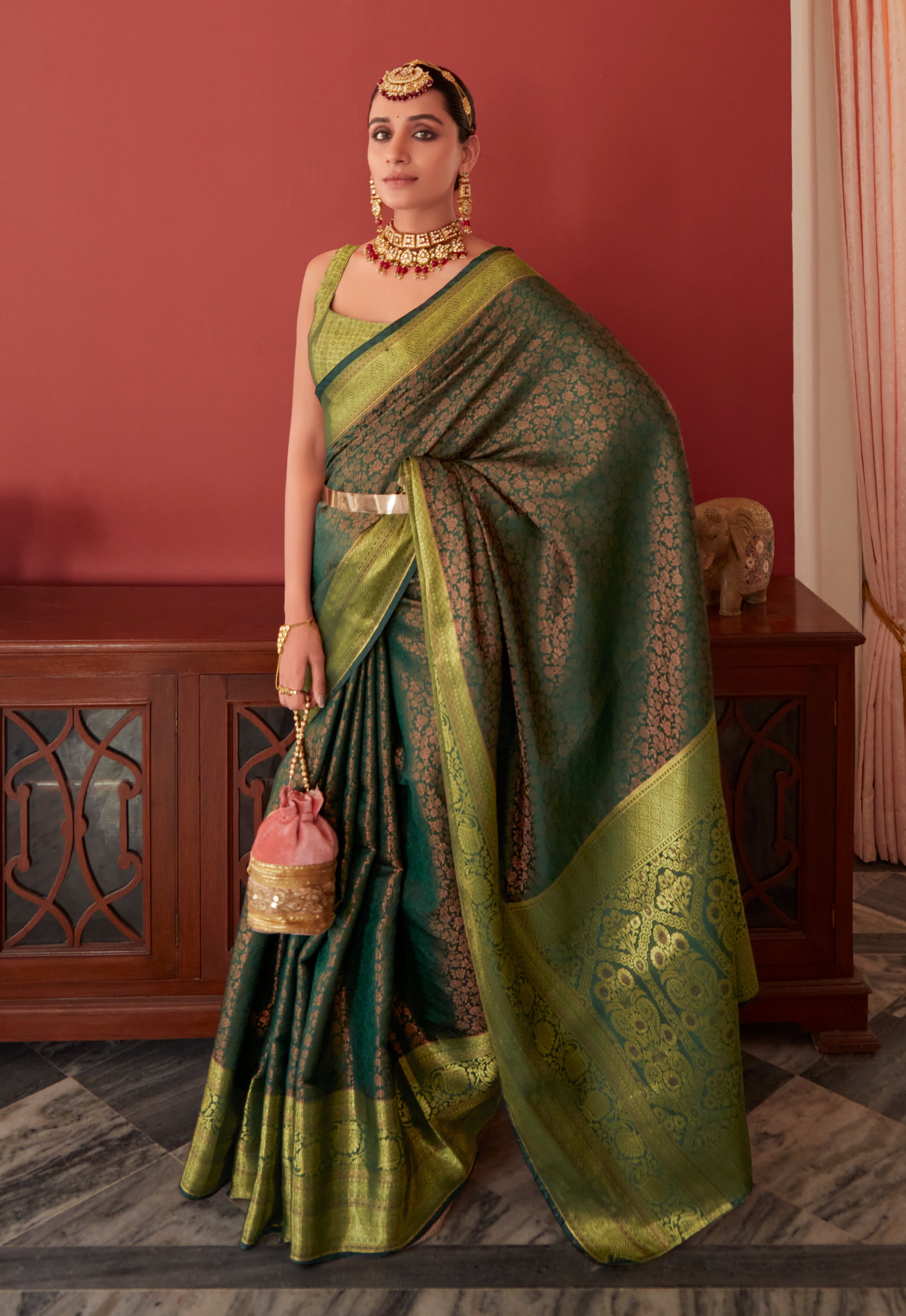 Desirable Mehendi Green Georgette Embroidered Border Party Wear Saree (Un-Stitched)
