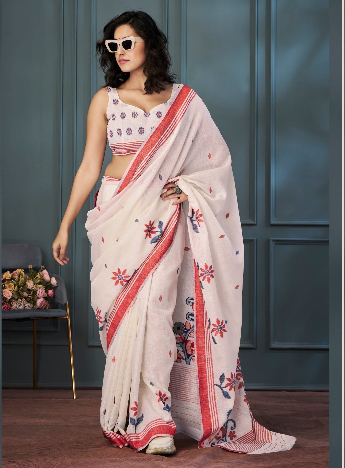 Off White Color Resham Woven Cotton Office Wear Easy/Readymade Saree