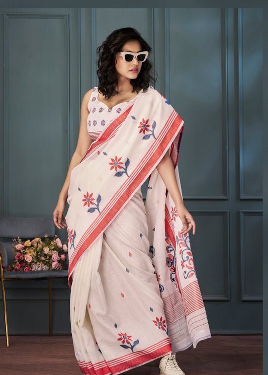 Off White Color Resham Woven Cotton Office Wear Easy/Readymade Saree