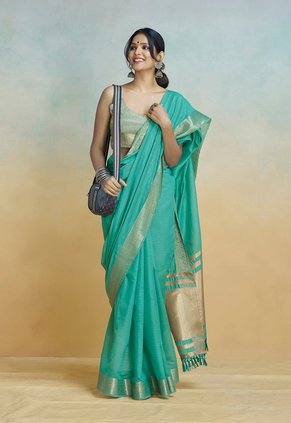 Turquoise Green Khadi Silk Ready To Wear/Easy Saree by Stylebypanaash