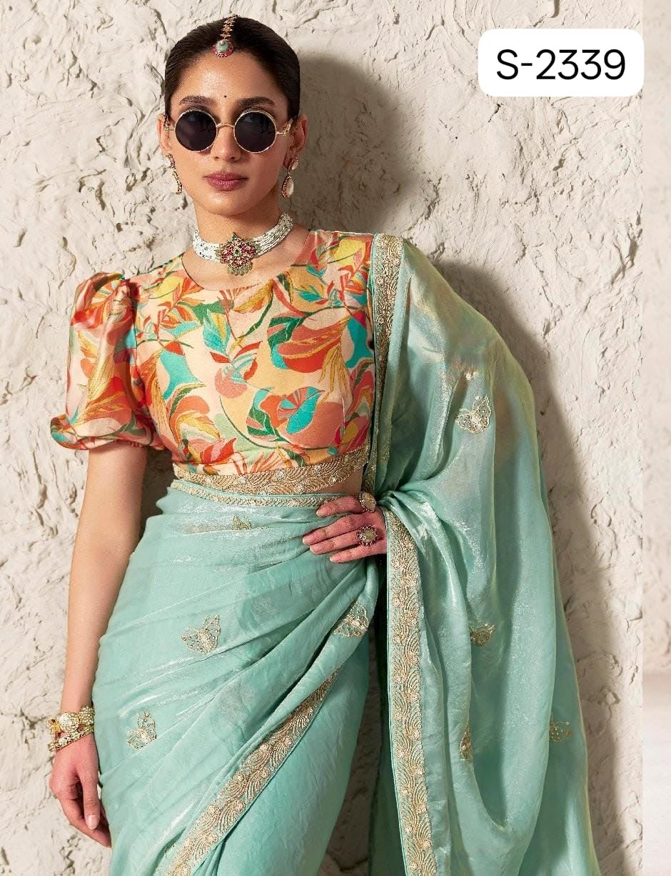 Mint Fancy Tissue Silk Ready to wear/Easy Saree - Panaash Saree