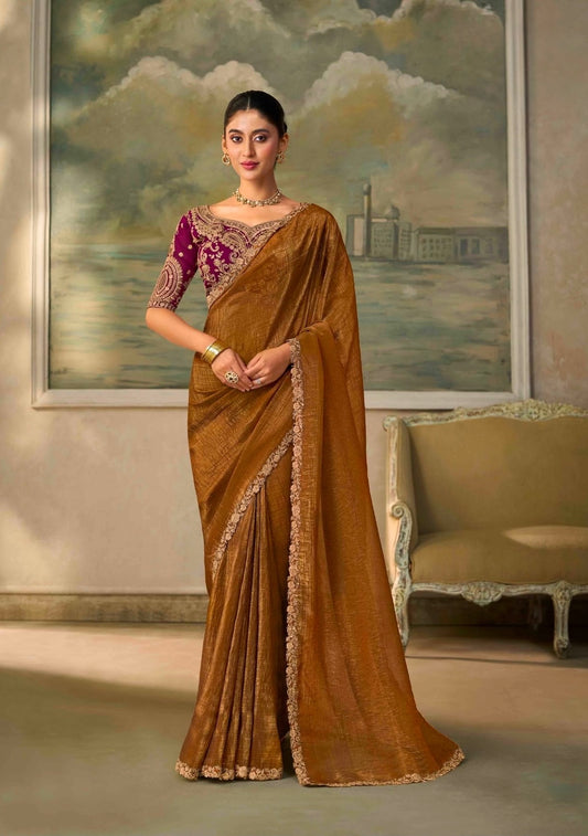 Copper-brown ready-to-wear saree with ornate border and magenta blouse, full length