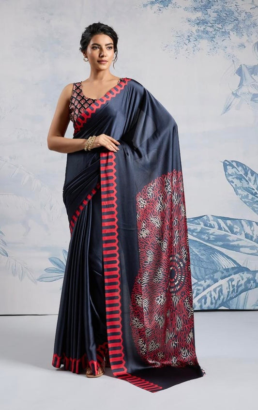 Plain Black Readymade Crepe Silk Saree