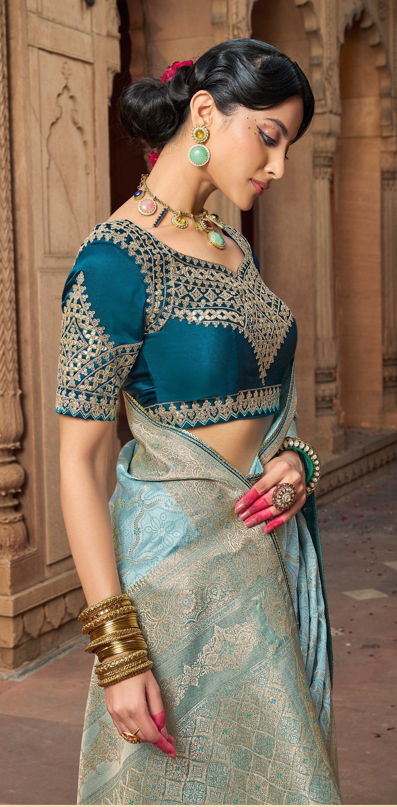 Light Blue Color Designer Kanjivaram Readymade/Easy Saree