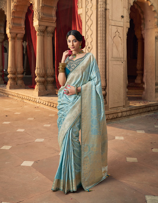 Light Blue Color Designer Kanjivaram Readymade/Easy Saree