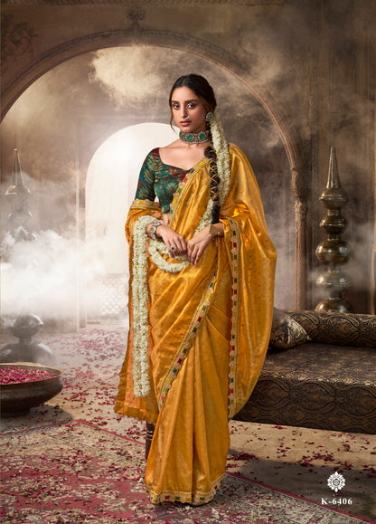 Yellow Color Designer Banarasi Tissue Silk Readymade/Easy Saree