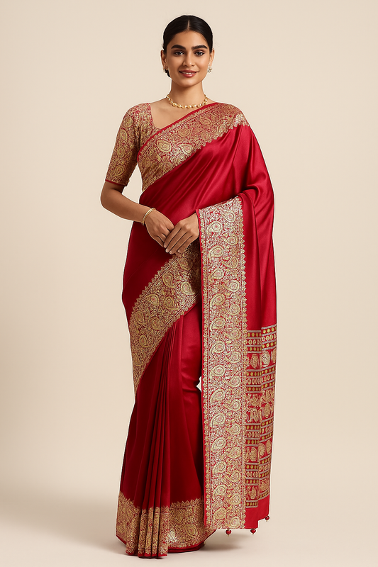 Red Readymade Crepe Ajrakh Silk Saree