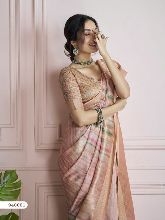 Beige Color Printed Silk Readymade/Easy Saree