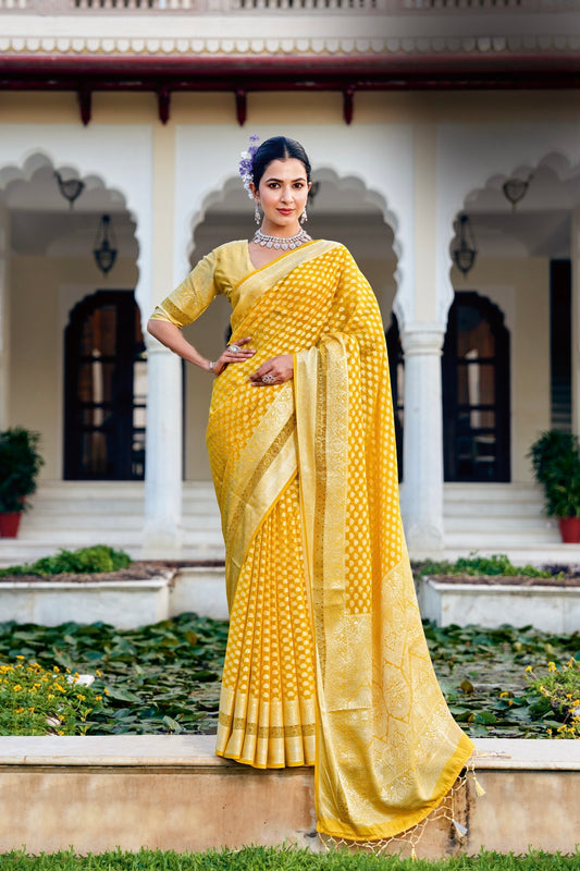 Yellow Georgette With Stonework Readymade/Easy Saree
