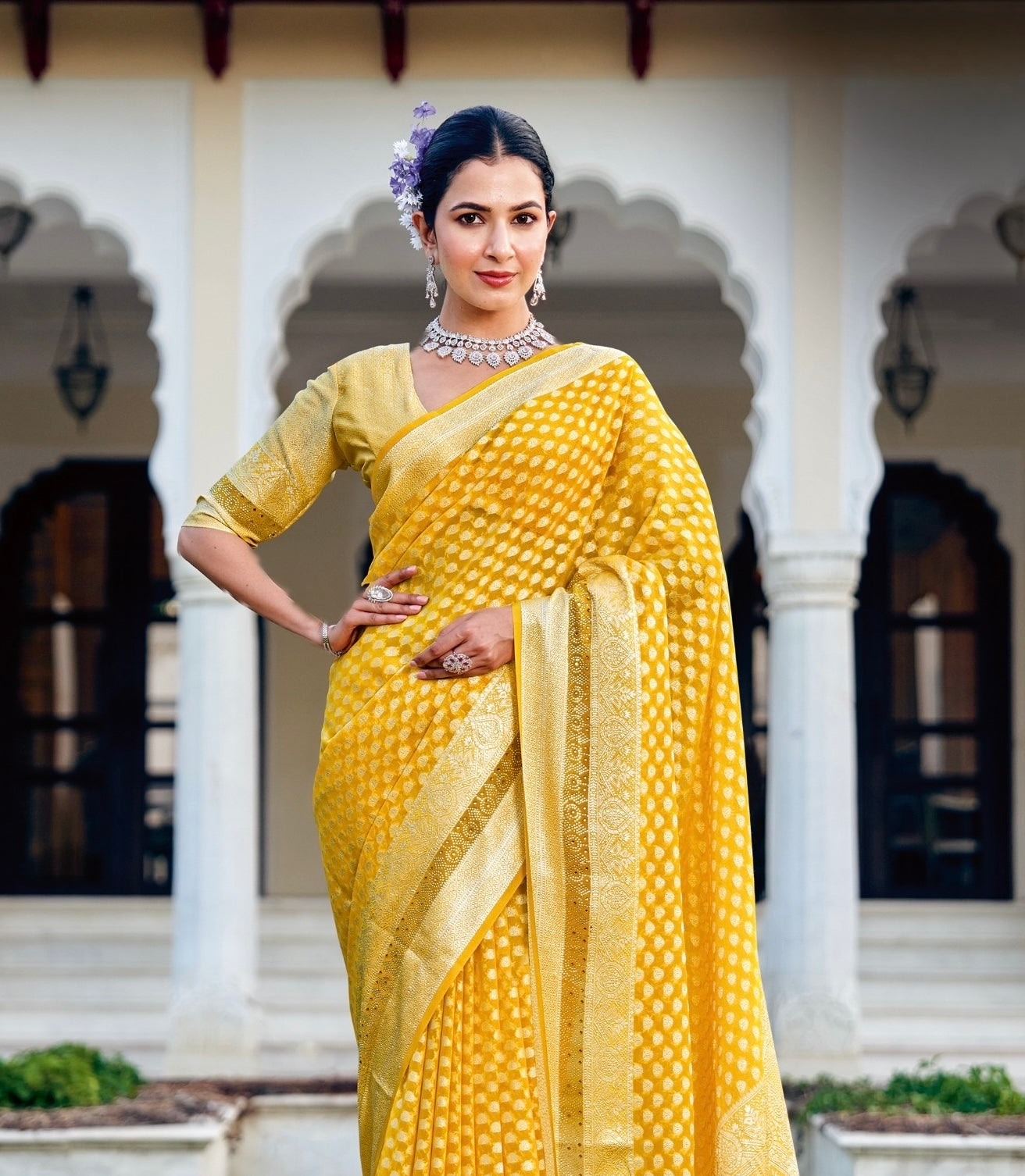 Yellow Georgette With Stonework Readymade/Easy Saree