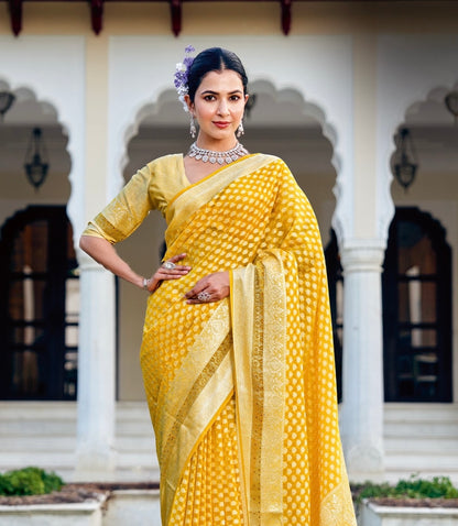 Yellow Georgette With Stonework Readymade/Easy Saree