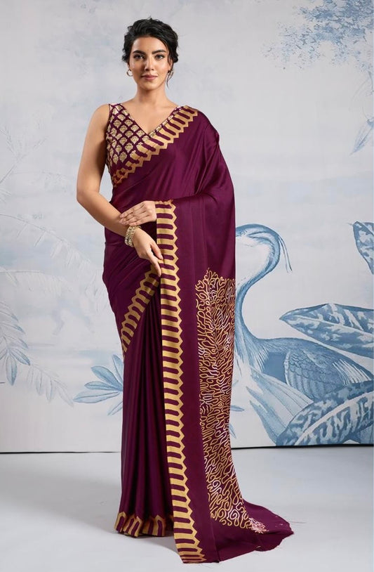 Plain Magenta Readymade Crepe Silk Saree