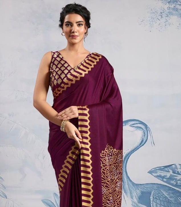 Plain Magenta Readymade Crepe Silk Saree