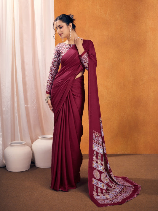 Plain Maroon – Readymade Ajrakh Saree