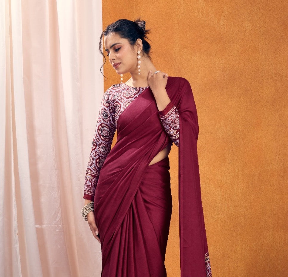 Plain Maroon – Readymade Ajrakh Saree