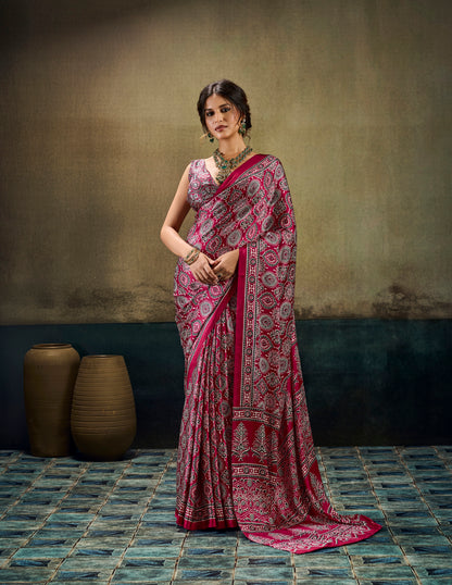 Dark pink printed modal-silk ready-to-wear saree with matching border
