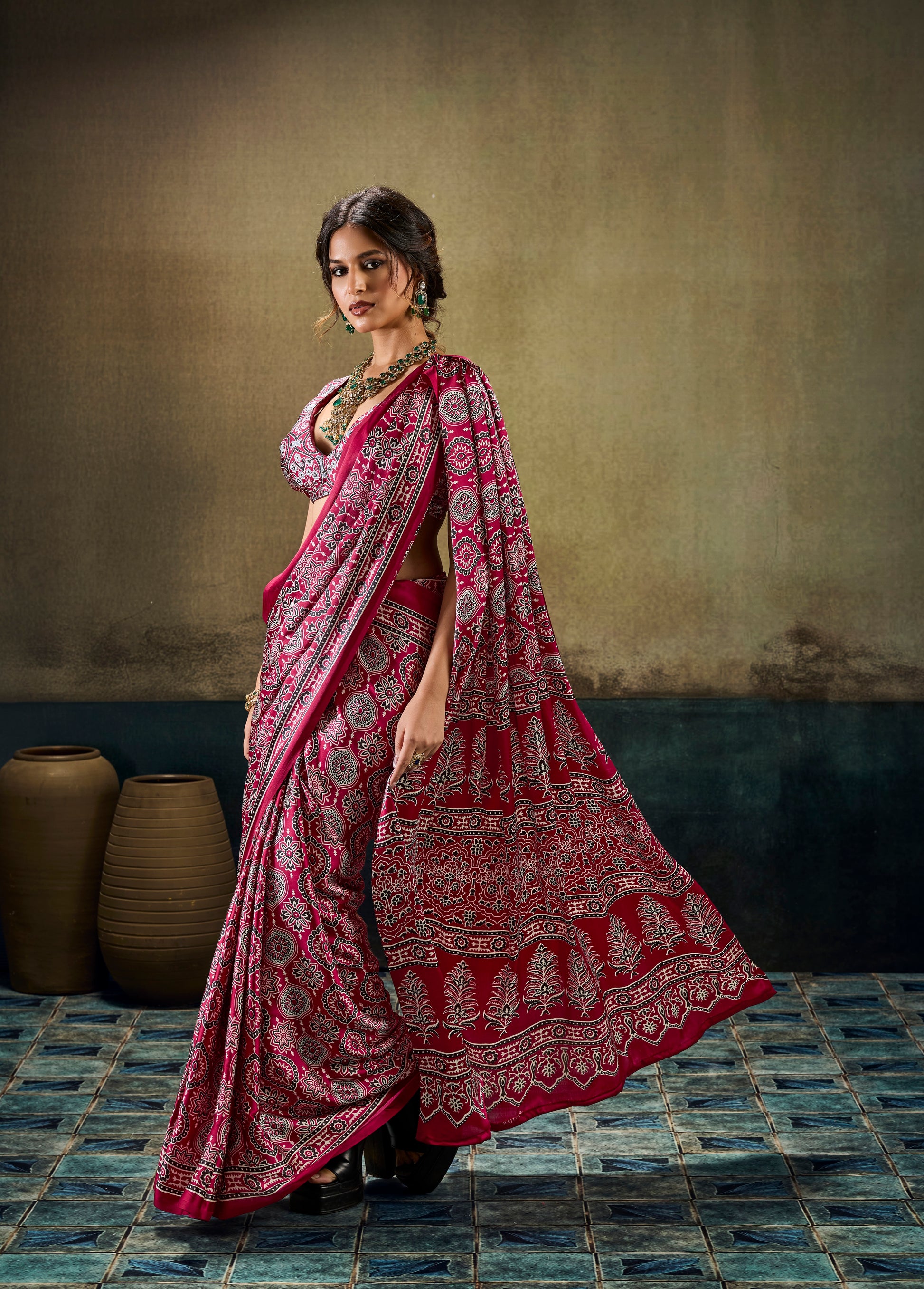 Dark pink printed modal-silk ready-to-wear saree with wide patterned skirt border