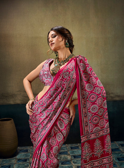 Dark pink printed modal-silk ready-to-wear saree pallu with red border and motifs