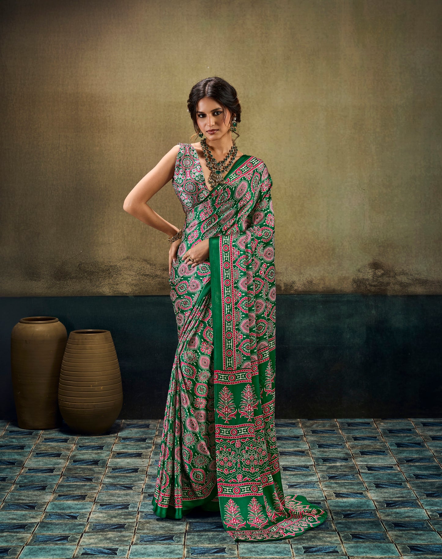 Green patterned modal silk ready-to-wear easy saree with pink-and-green border