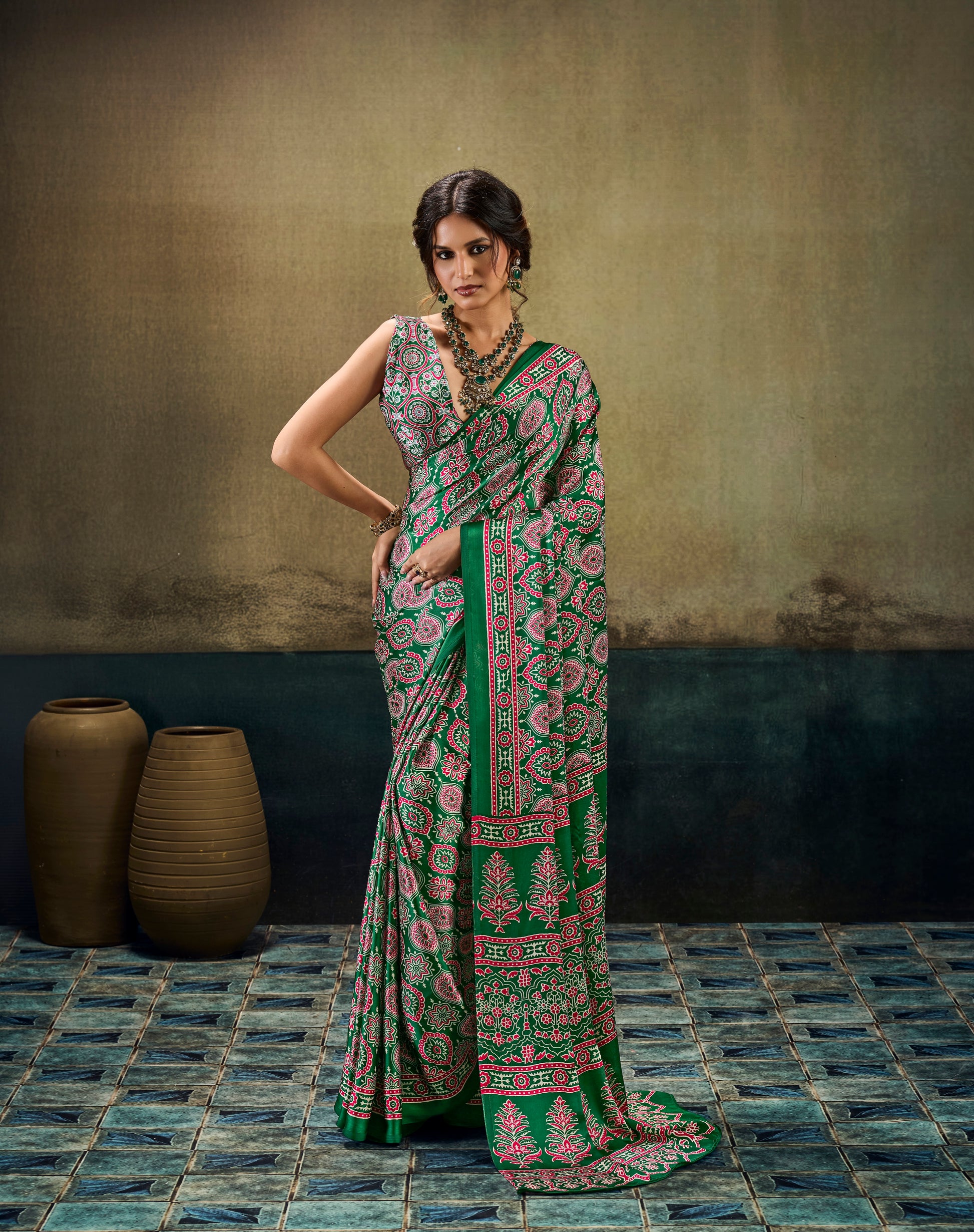 Green patterned modal silk ready-to-wear easy saree with pink-and-green border