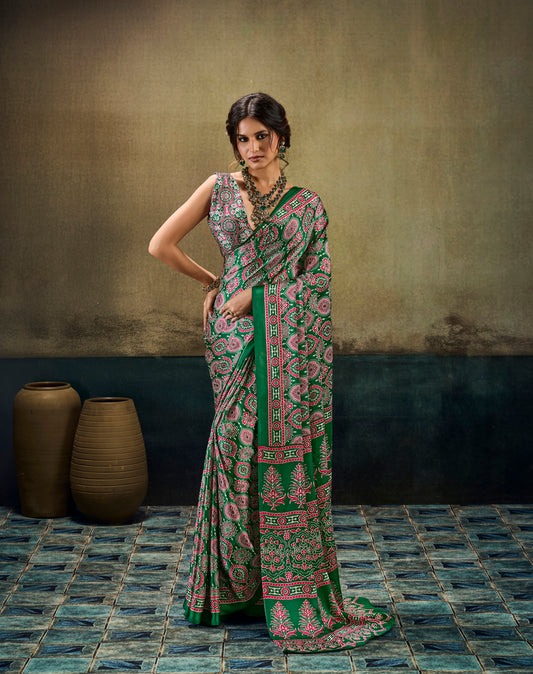Green patterned modal silk ready-to-wear easy saree with pink-and-green border