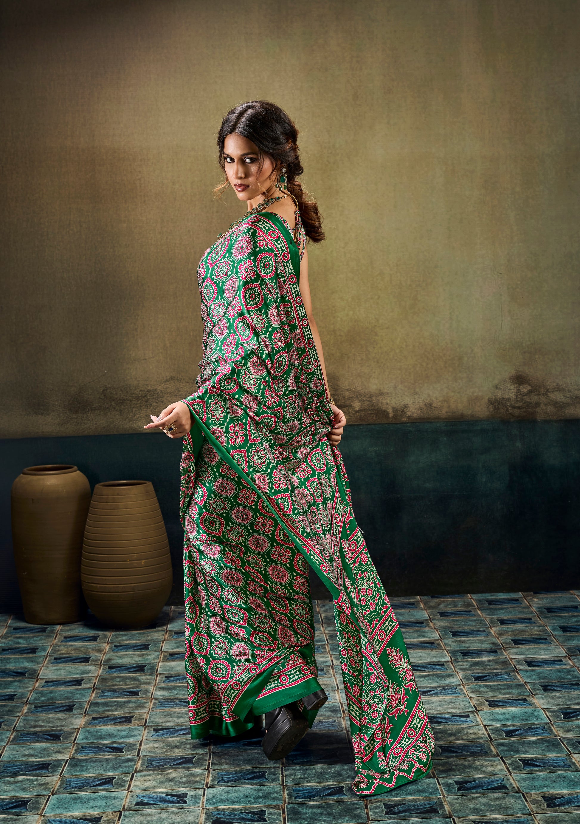 Green patterned easy saree modal silk, side drape with contrasting pink trim