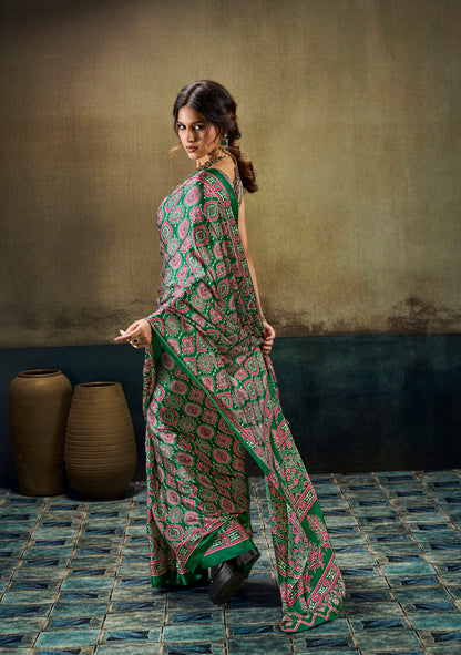 Green patterned easy saree modal silk, side drape with contrasting pink trim