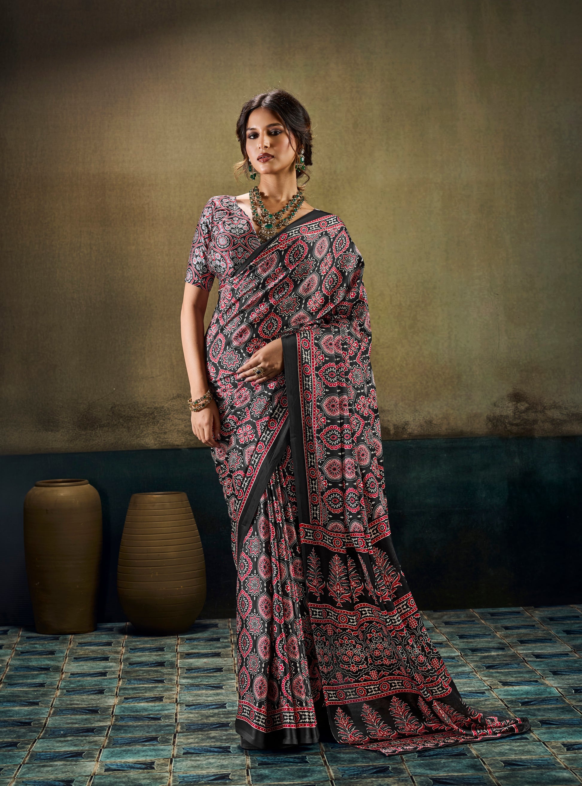 Ready-to-wear easy saree, black base with red and white ornate circular print