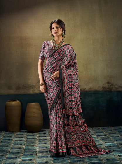 Ready-to-wear easy saree, black base with red and white ornate circular print
