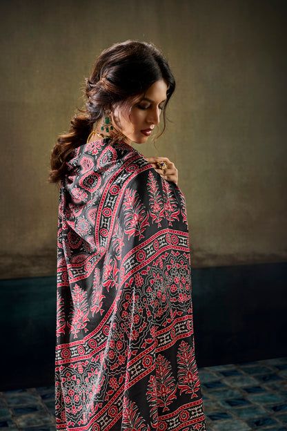 Ready-to-wear easy saree, black fabric with red floral and geometric print drape
