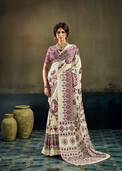 Off White & Magenta Modal Silk Ready To Wear/Easy Saree by Stylebypanaash 