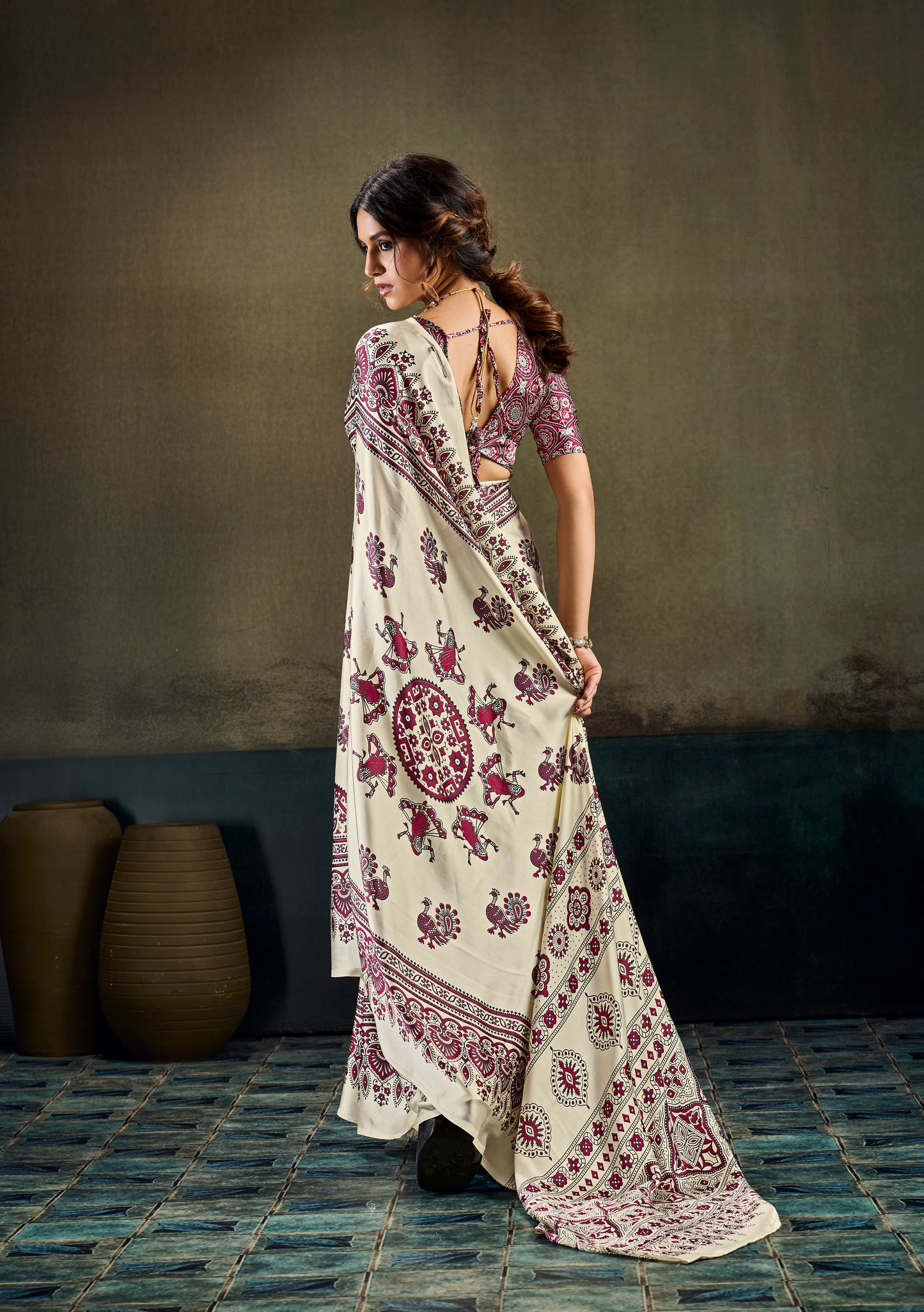 Off White & Magenta Modal Silk Ready To Wear/Easy Saree by Stylebypanaash 