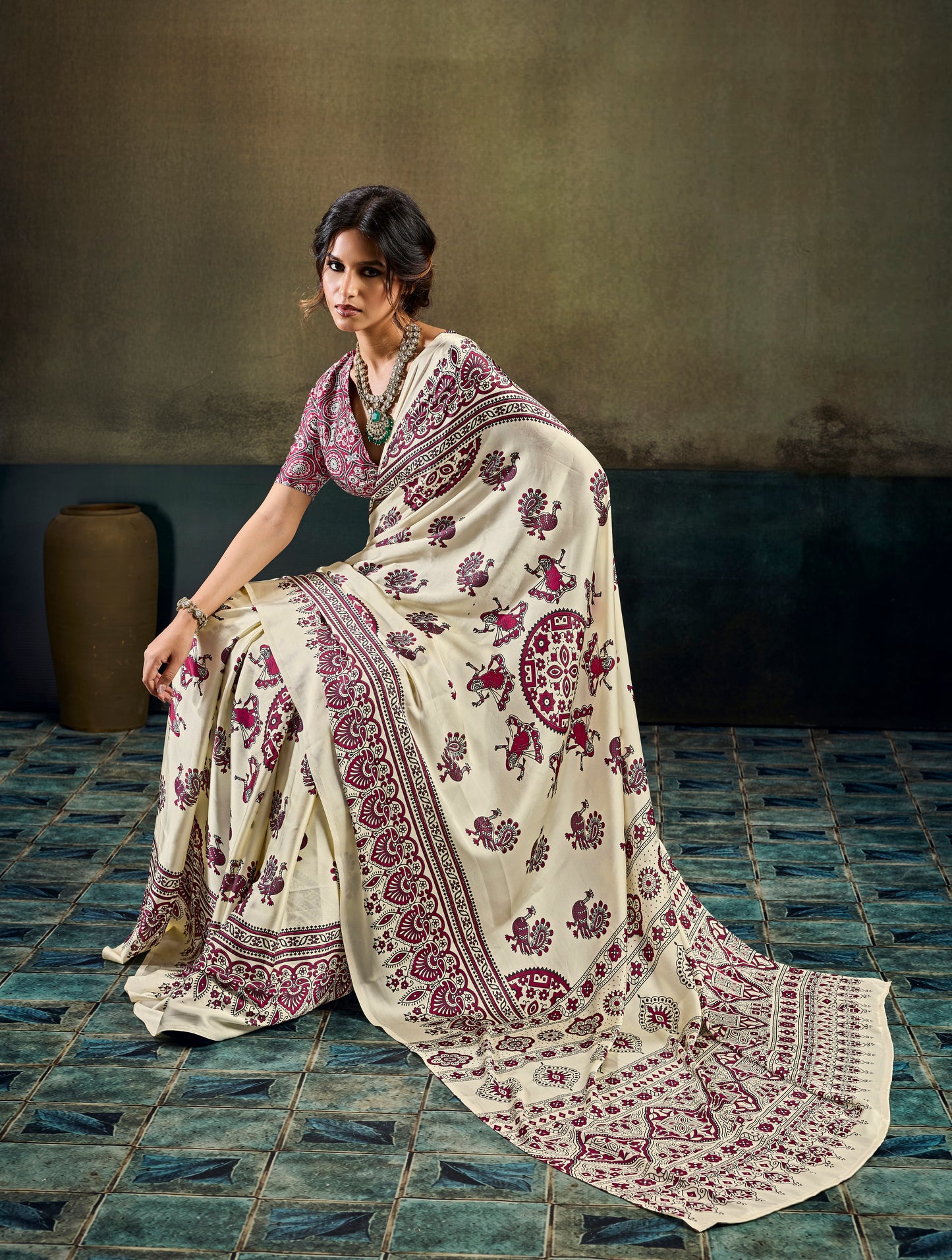 Off White & Magenta Modal Silk Ready To Wear/Easy Saree by Stylebypanaash 