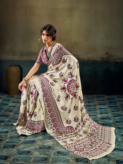 Off White & Magenta Modal Silk Ready To Wear/Easy Saree by Stylebypanaash 