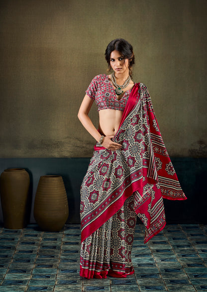 Red Modal Silk Ready To Wear/Easy Saree by Stylebypanaash 