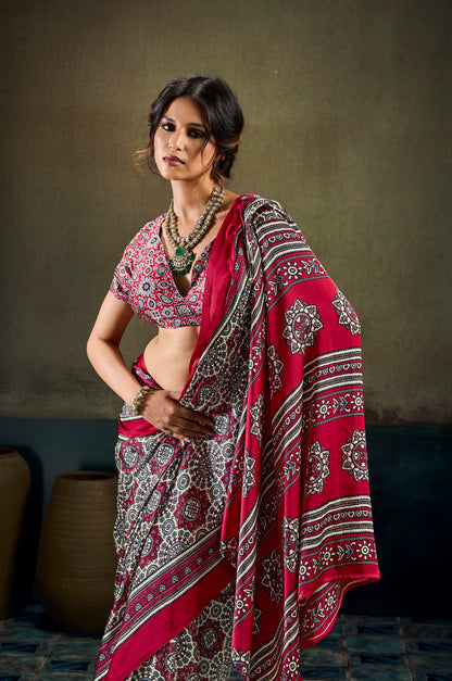 Red Modal Silk Ready To Wear/Easy Saree by Stylebypanaash 