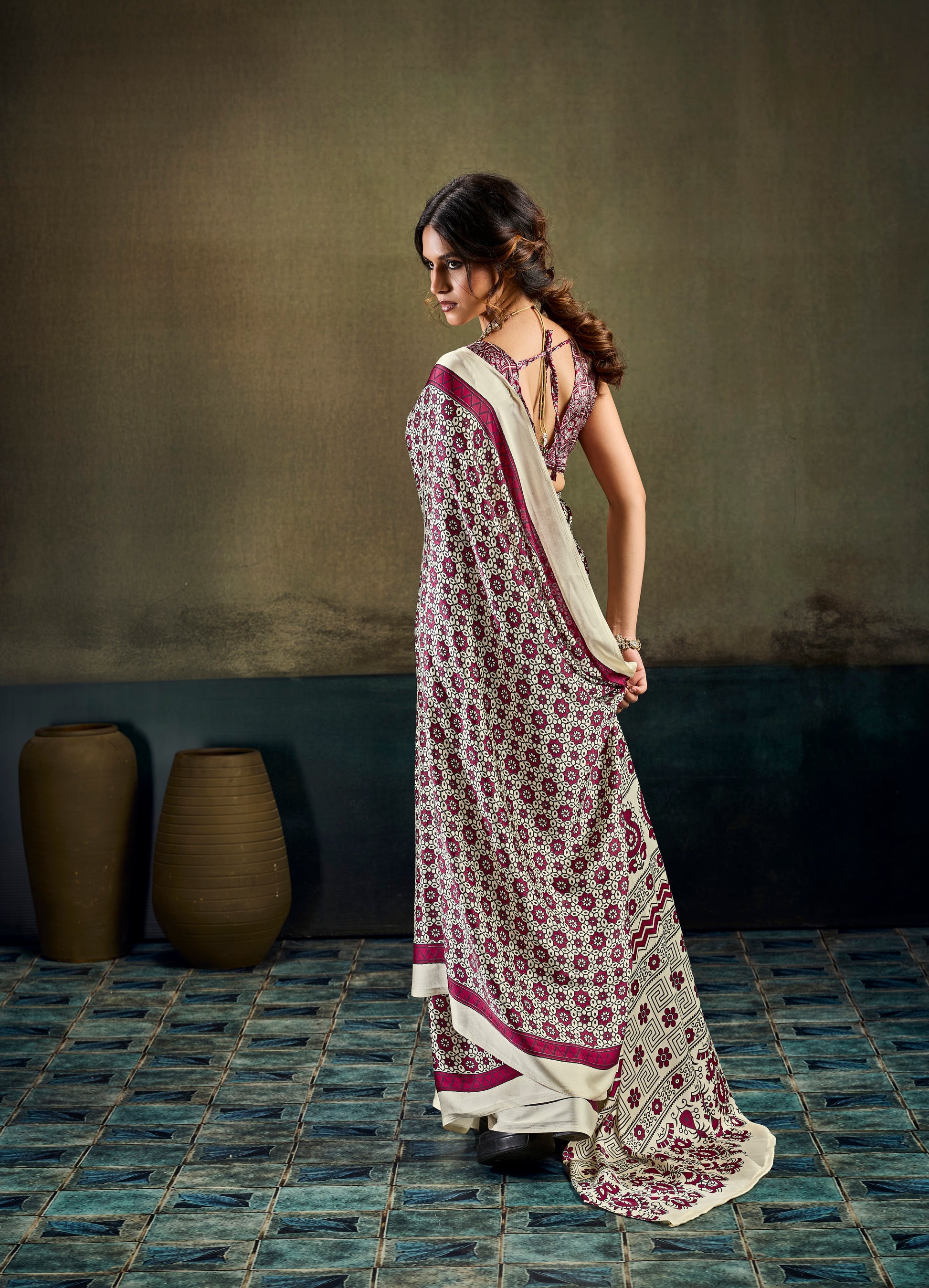 Off White & Wine Modal Silk Ready To Wear/Easy Saree by Stylebypanaash 