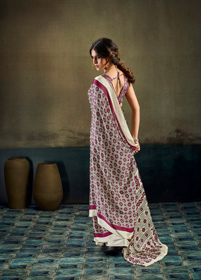 Off White & Wine Modal Silk Ready To Wear/Easy Saree by Stylebypanaash 